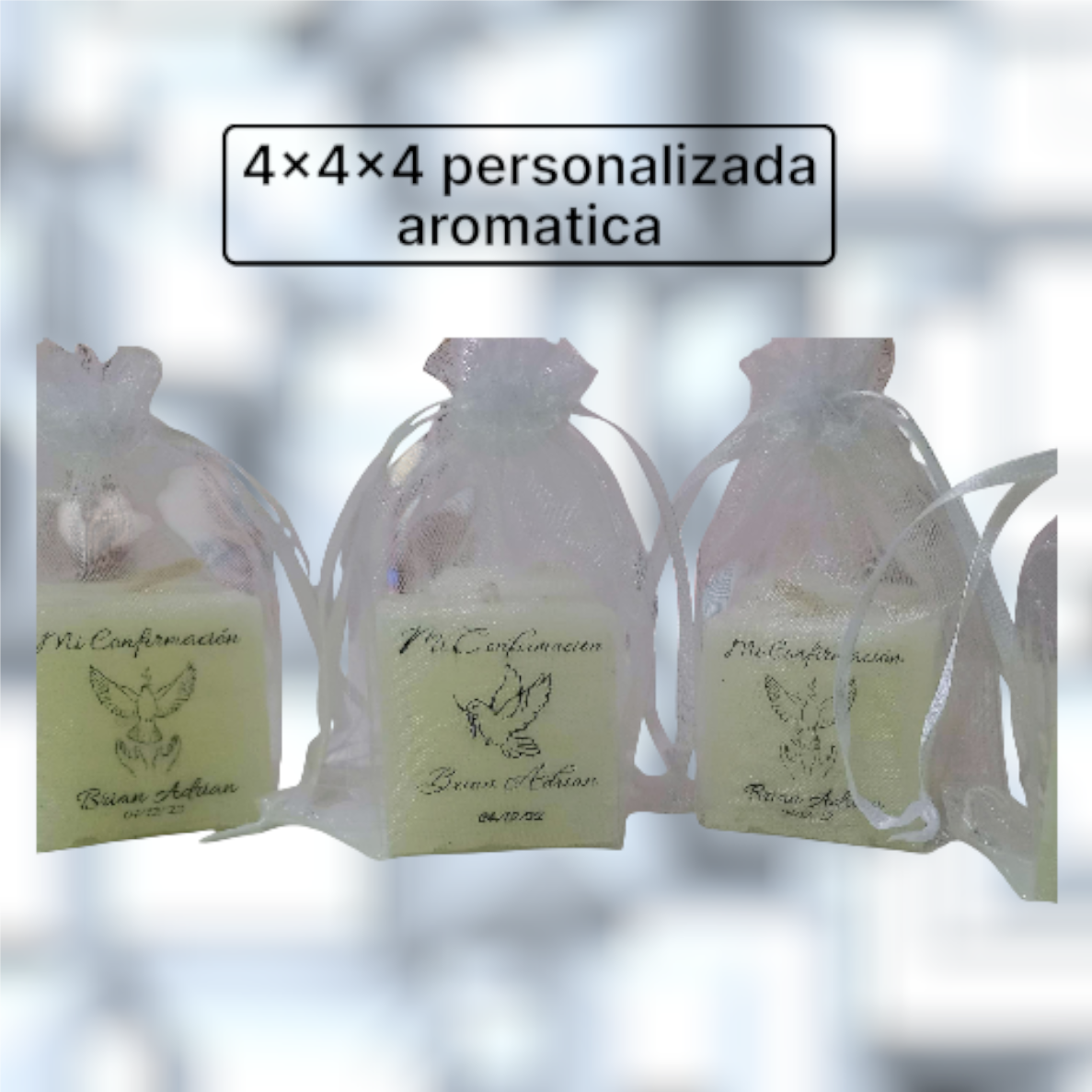Pack x10 Velas Cuadradas Personalizadas (4x4x4 cm) con Diseño Fusionado en Bolsita de Organza - Brezos Aromas - Imagen 6