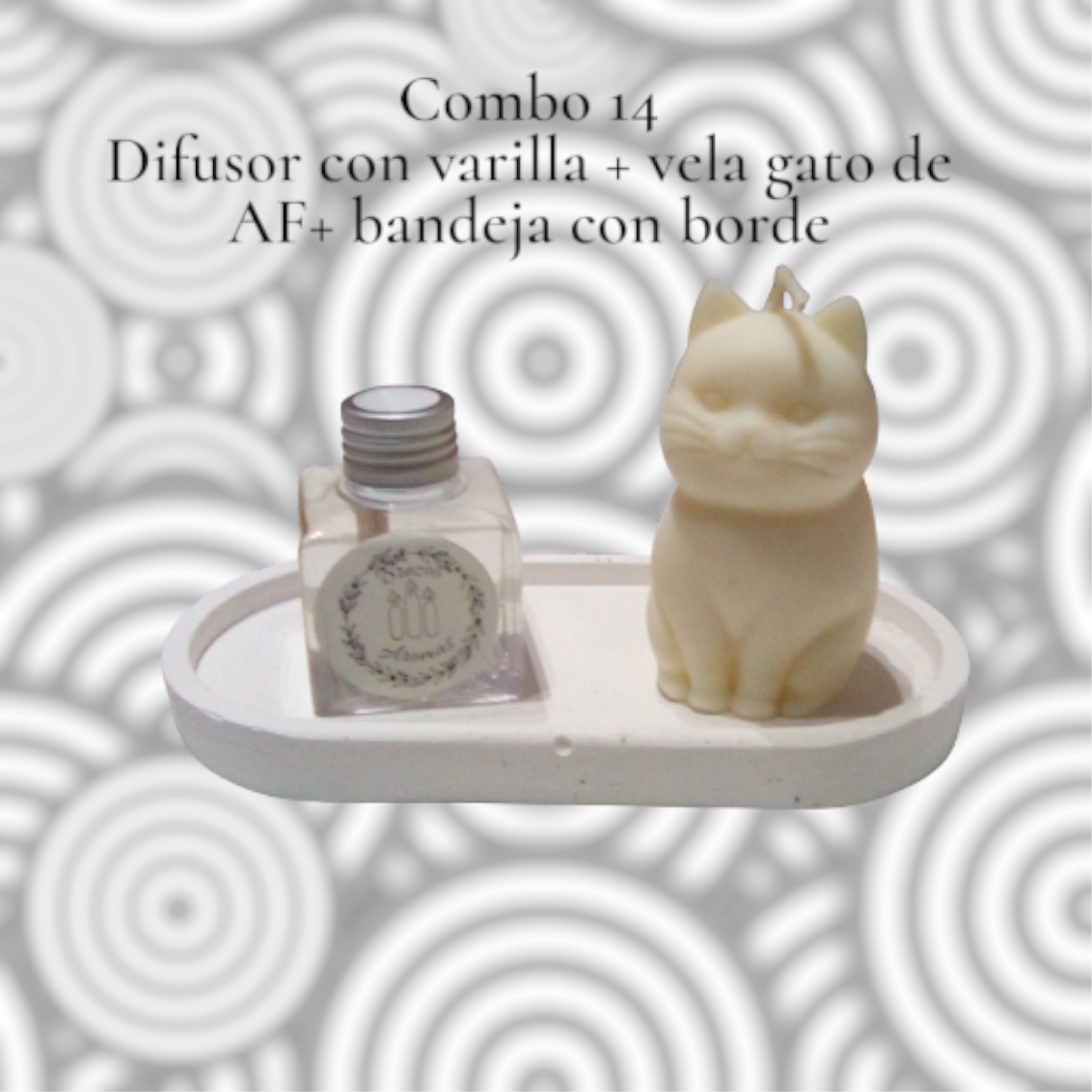 Set de Regalo - Combo N° 14: Difusor con Varillas Personalizado & Vela de Soja Escultórica Gato