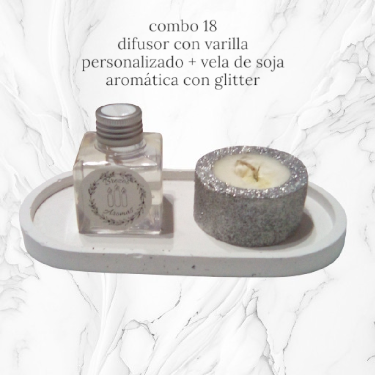 Set de Regalo - Combo N° 18: Bandeja de Borde Liso, Difusor (70cc) & Portavela de Yeso con Glitter