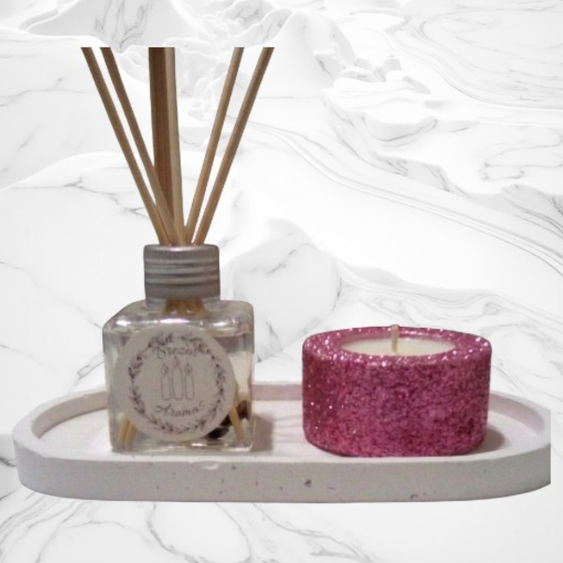 Set de Regalo - Combo N° 18: Bandeja de Borde Liso, Difusor (70cc) & Portavela de Yeso con Glitter - Imagen 2
