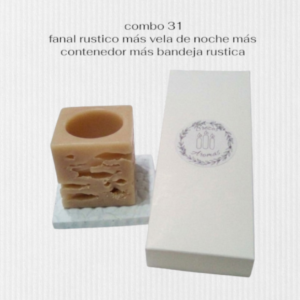 Set de Regalo - Combo N° 31: Fanal Rústico (6x6x6), Bandeja Símil Piedra & Pack de Velas de Noche