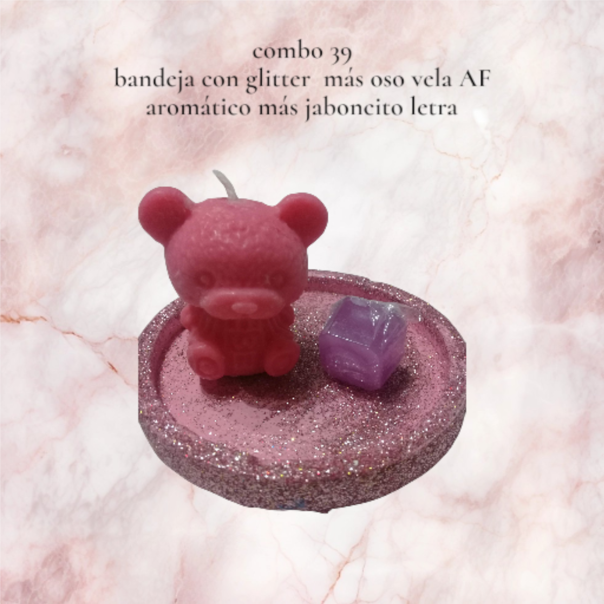 Set de Regalo - Combo N° 39: Bandeja Redonda, Vela Oso Grande & Jabón Artesanal Letra