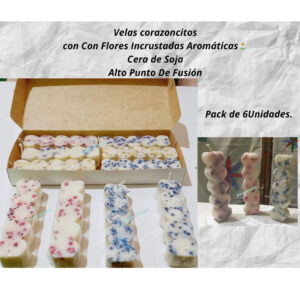 Pack x6 Velas Torre de Corazones con Flores Incrustadas – Soja Alta Fusión